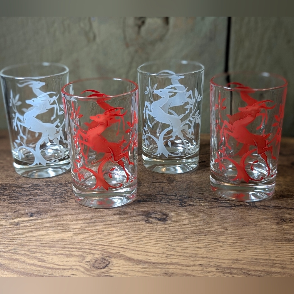 Red and White Vintage Antelope Gazelle Glasses, Set of 4, MCM